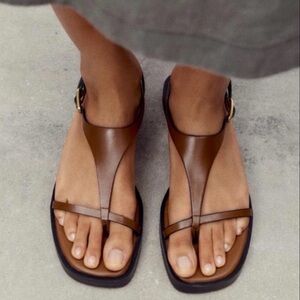 ZARA Brown and Black T-Strap Leather Sandals - Women